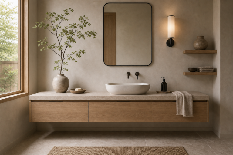 Japandi bathroom with a full-width timber-toned floating vanity, pale counter, oval vessel sink, rounded mirror, slim sconce, two open shelves, folded towels, branches, and garden window