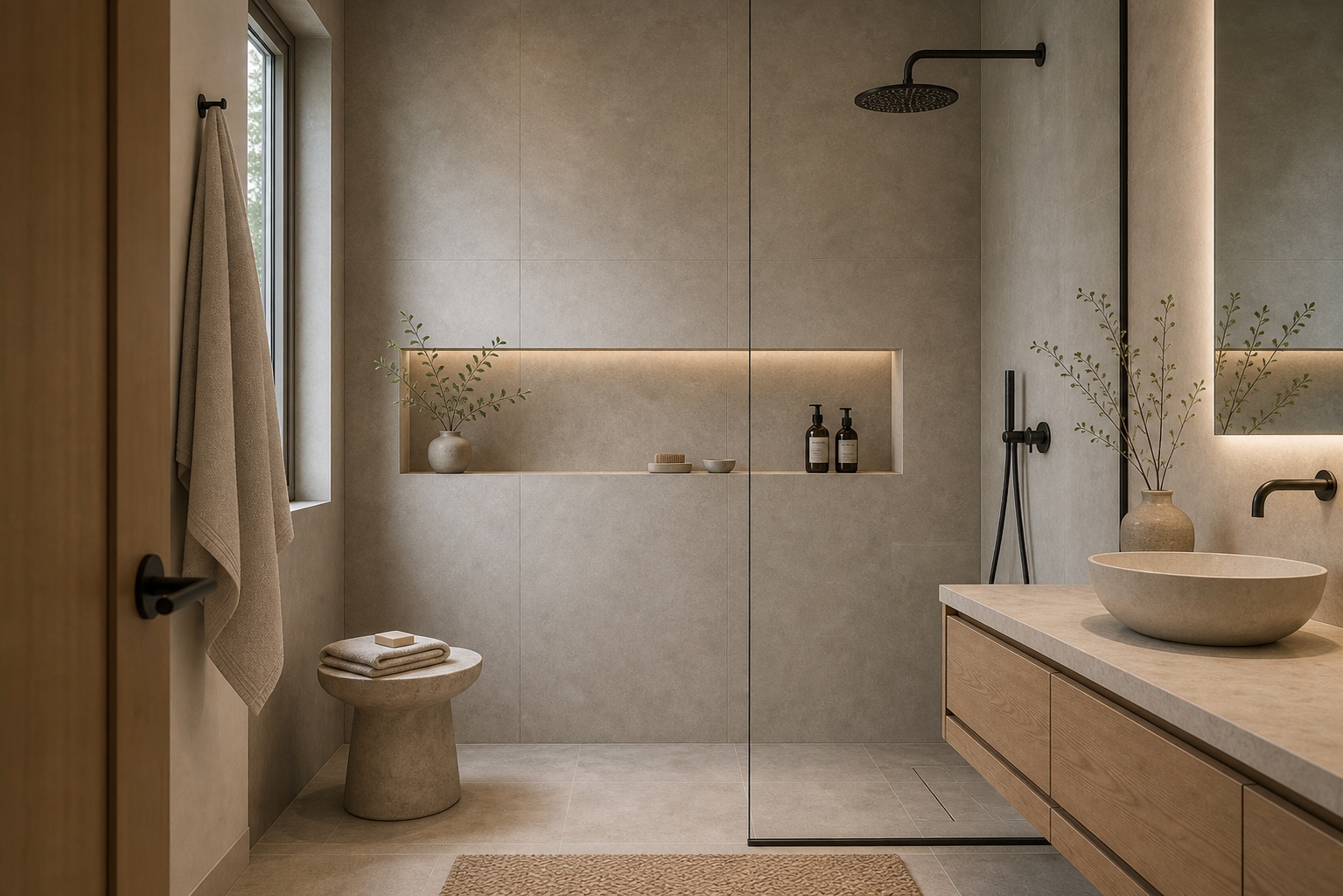 Japandi Bathroom Recessed Shower Niche featuring a long illuminated niche recessed into the shower end wall
