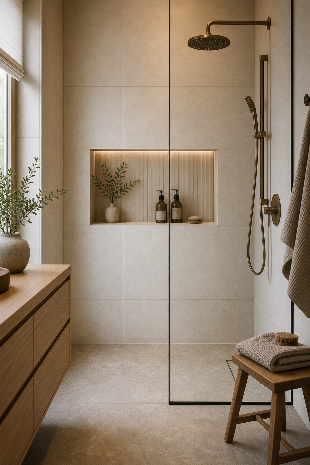 Japandi bathroom with a wide illuminated shower niche, pale large-format tile, warm-toned shower fittings, clear glass, timber vanity, stool, towels, and daylight