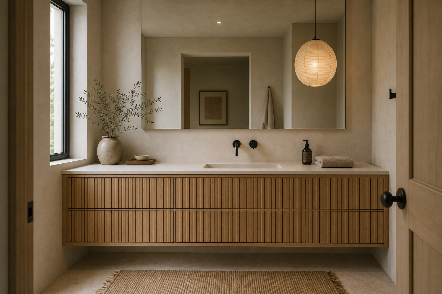 Japandi Bathroom Slatted Floating Vanity featuring a long floating vanity with closely spaced vertical slats