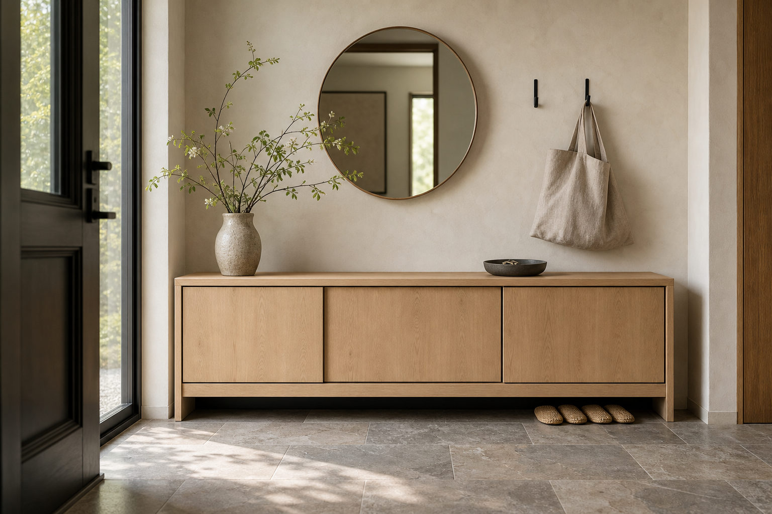 Japandi Entryway Low Closed Shoe Cabinet featuring a low timber-toned shoe cabinet with flat closed doors