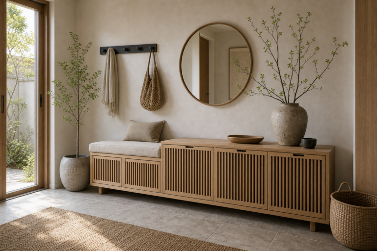 Japandi entryway with a long timber-toned slatted shoe cabinet, integrated cushioned bench, round mirror, peg rail, pale tile, woven rug, baskets, pottery, and garden door