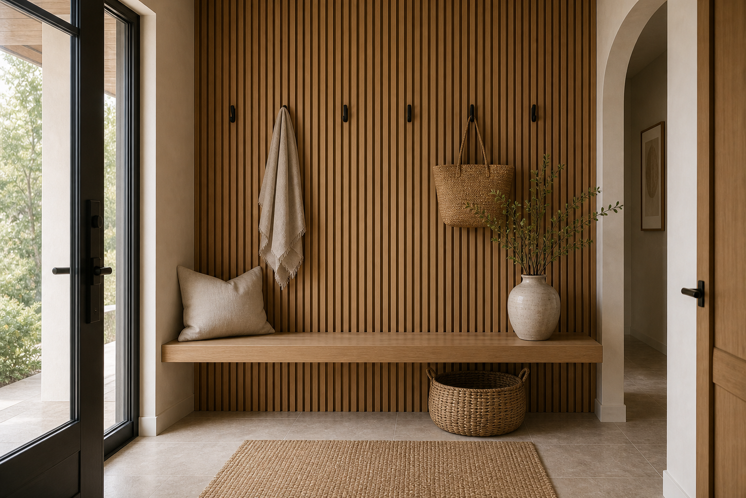Japandi Entryway Slat Wall Bench featuring a full-height slatted wall integrating hooks and a floating bench