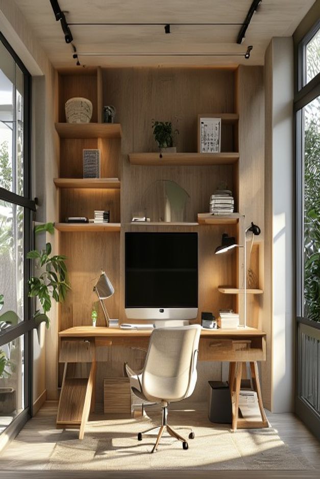 Japandi Home Office Desk Wall with Built-In Shelving