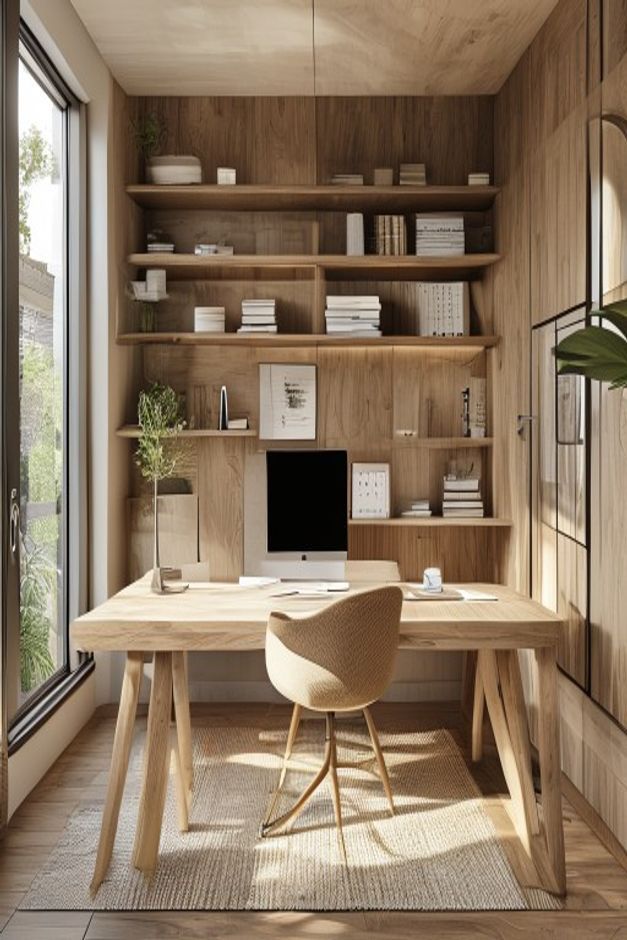 Japandi Home Office with a Built-In Wood Desk