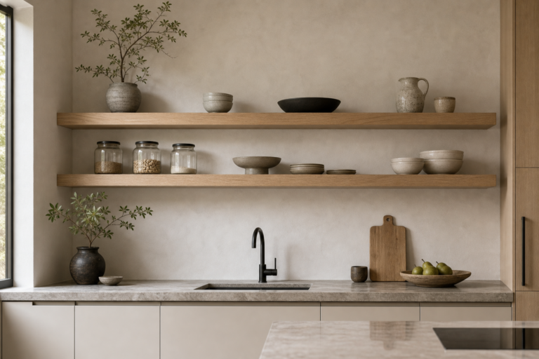 Japandi kitchen with two light-wood floating shelves, ceramics, clear jars, plants, pale counter, integrated sink, black faucet, warm base cabinets, and side window