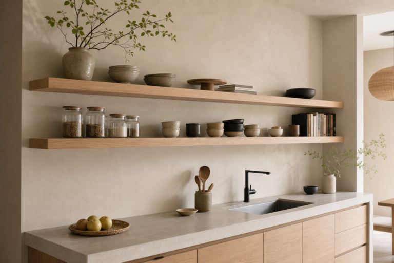 Japandi kitchen with two long pale timber floating shelves, restrained ceramics, glass jars, books, branches, a pale counter, inset sink, dark faucet, and warm drawers