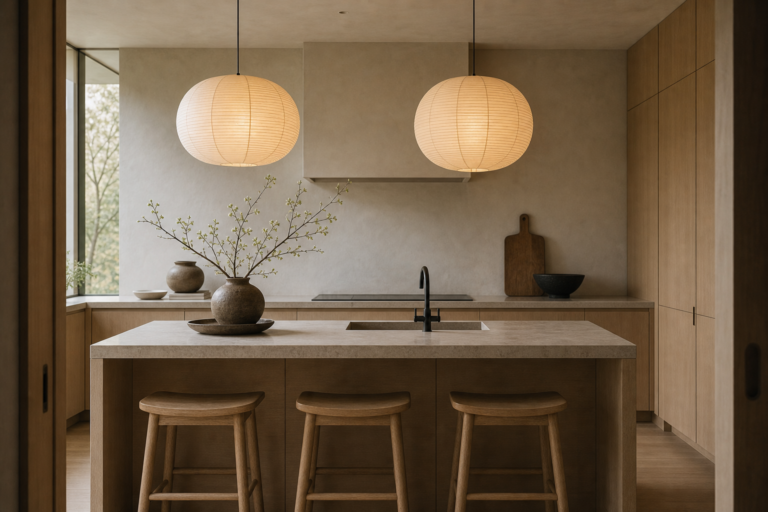 Japandi Kitchen Twin Paper Pendant featuring two rounded paper pendants centered over a pale kitchen island