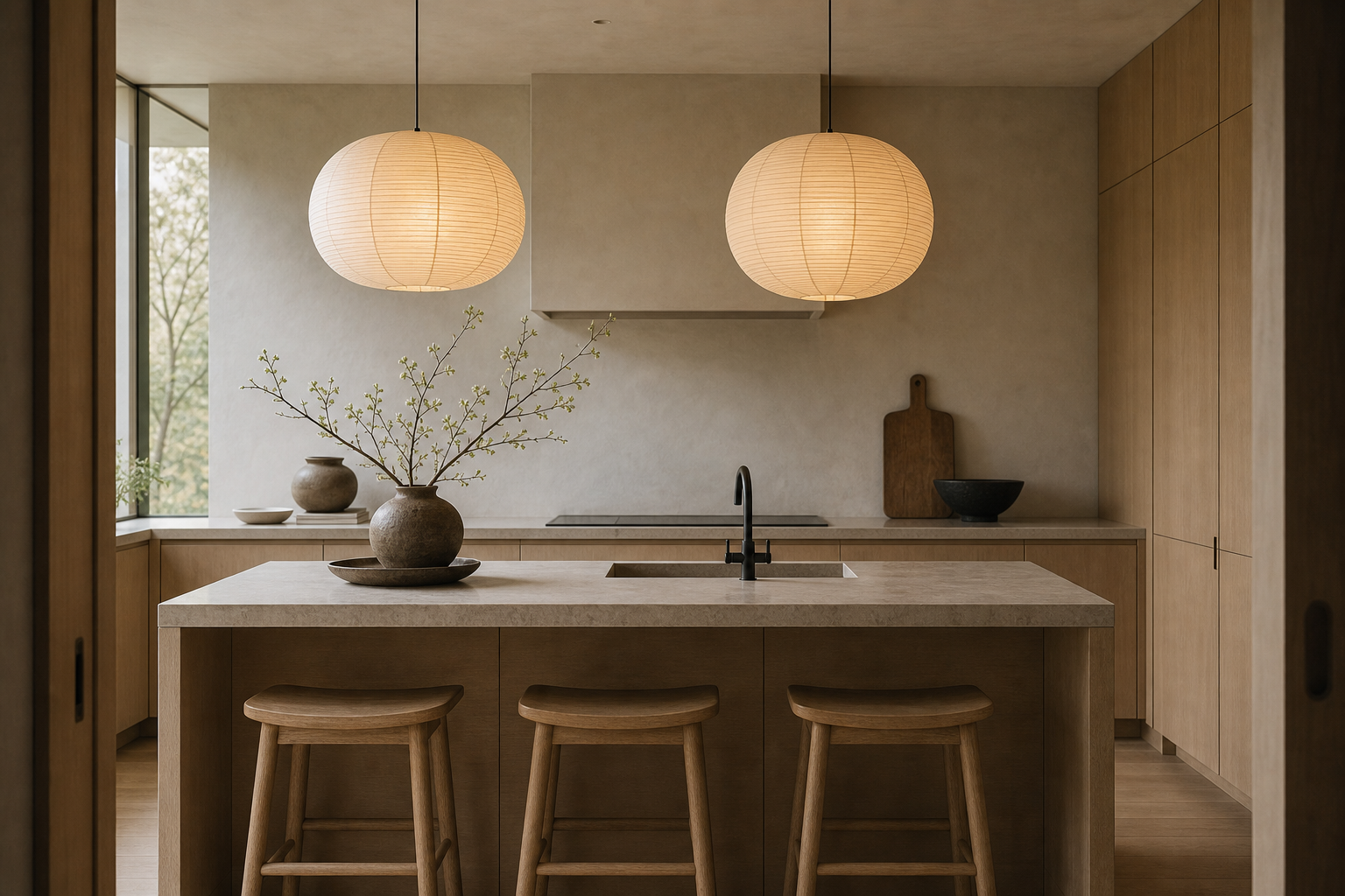 Japandi Kitchen Twin Paper Pendant featuring two rounded paper pendants centered over a pale kitchen island