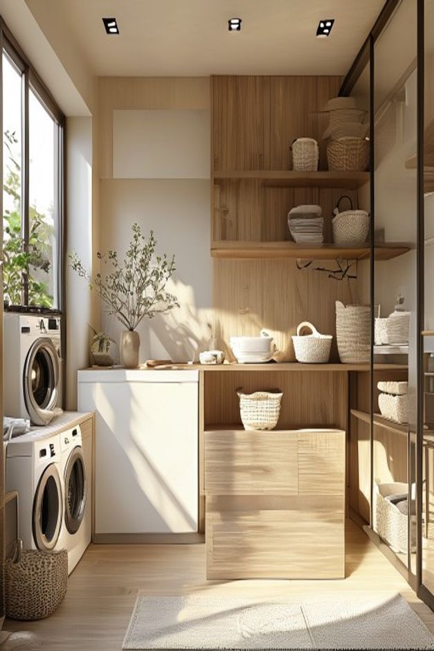 Japandi Laundry Room with a Light Countertop