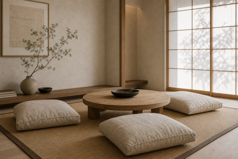 Japandi Living Room Floor Cushion featuring four structured floor cushions around a low round table