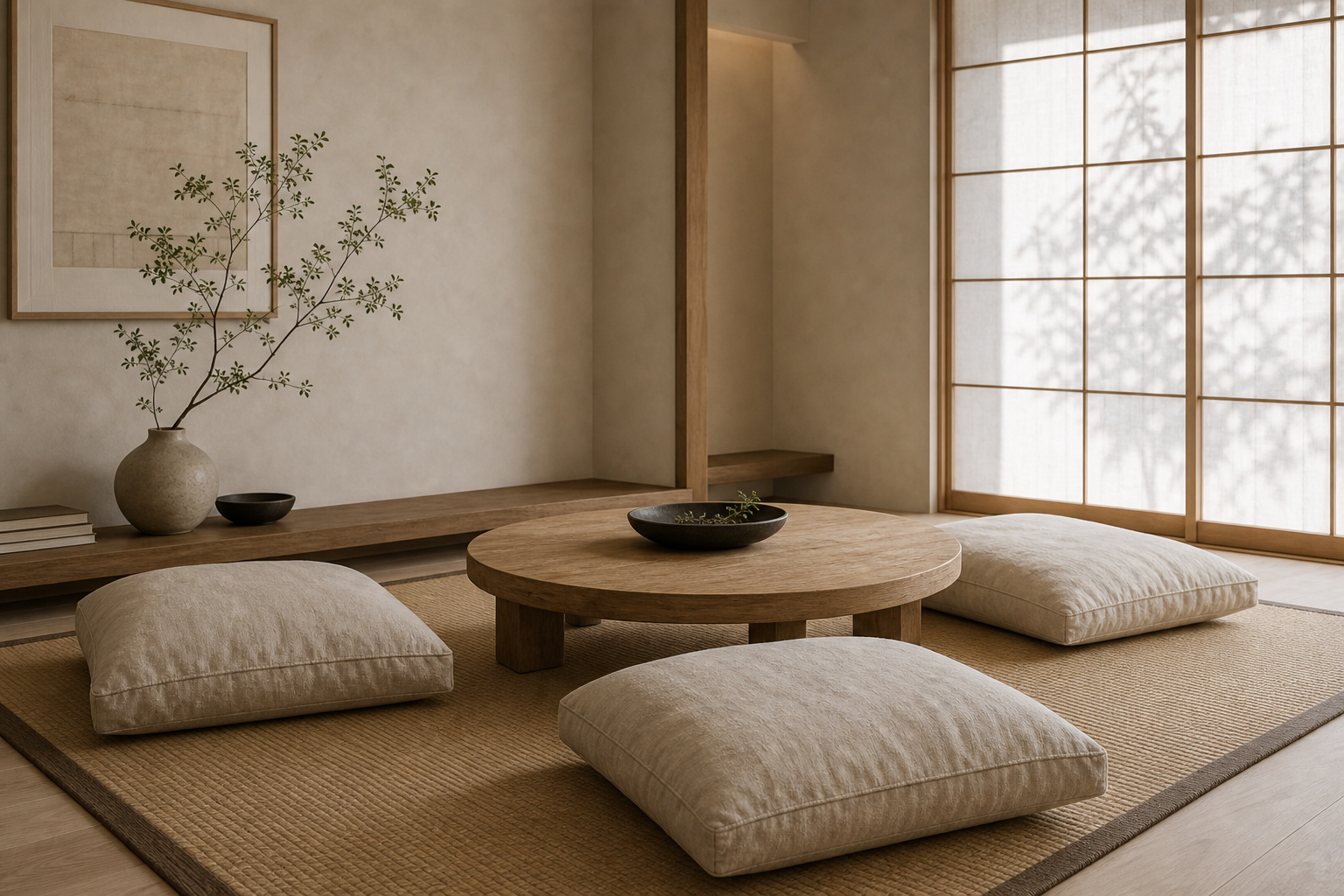 Japandi Living Room Floor Cushion featuring four structured floor cushions around a low round table