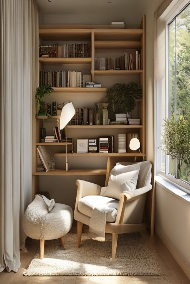 Japandi reading nook with a pale wood-framed chair, rounded ottoman, full-height bookcase, two small lamps, large side window, curtain, plants, and a light rug