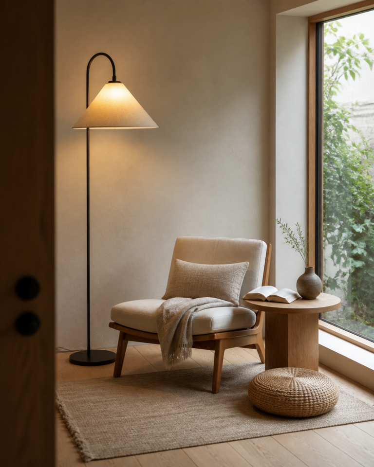 Japandi reading nook with a slim curved floor lamp, low wood-framed chair, round pedestal table, open book, tall window, pale rug, and woven cushion
