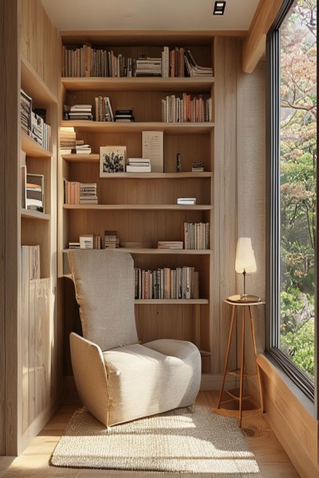 Japandi Reading Nook with Floor-to-Ceiling Shelving