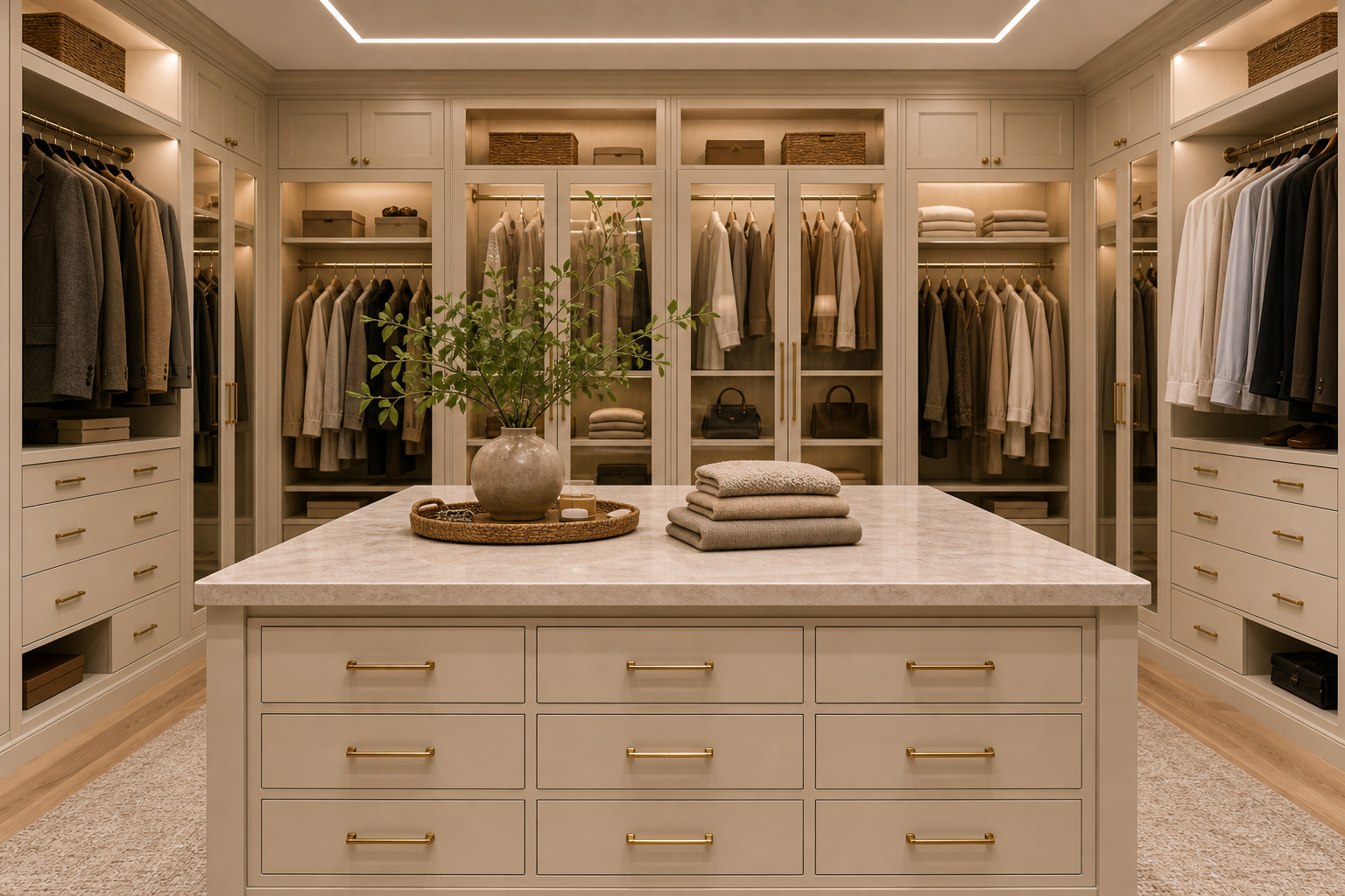 Luxury walk-in closet with a nine-drawer central island, pale veined top, brass-toned pulls, symmetrical hanging bays, glass-front cabinets, upper cupboards, baskets, and integrated light