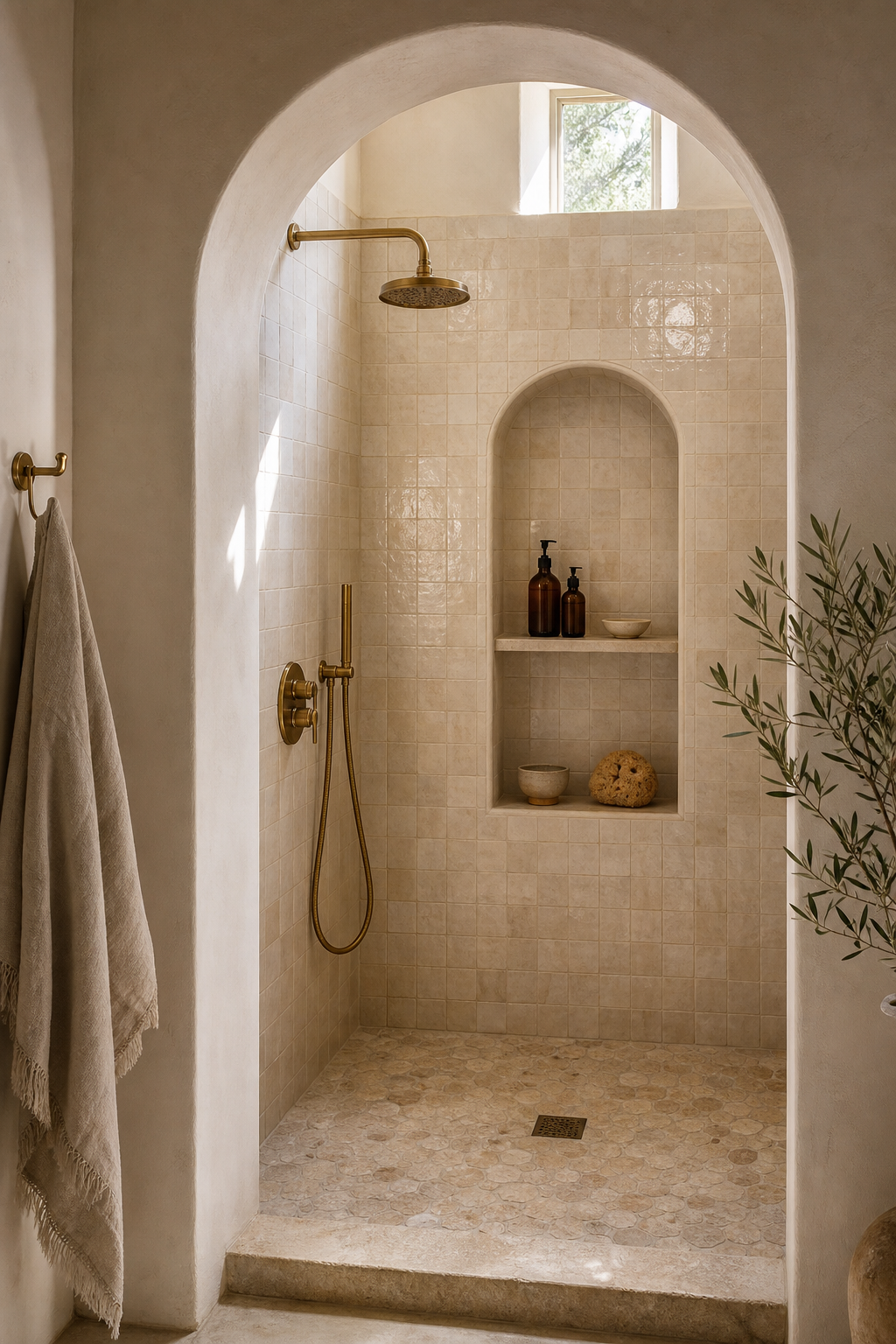 Mediterranean Bathroom Double-Arch Shower featuring a broad shower arch framing a smaller arched niche