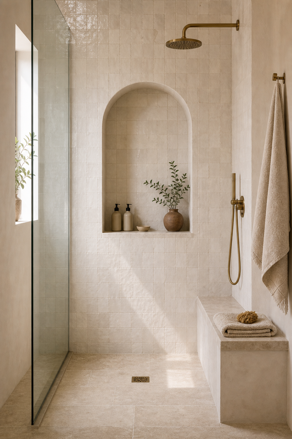 Mediterranean Bathroom Large Arched Shower Niche featuring a tall arched niche in the shower end wall