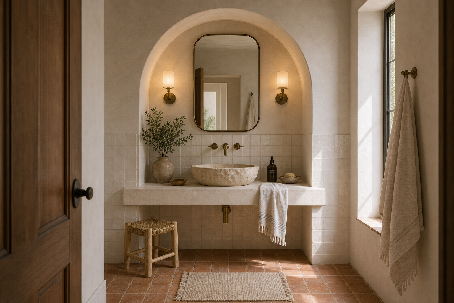 Mediterranean Bathroom Plaster Arch Vanity featuring a deep plaster arch containing the vanity composition