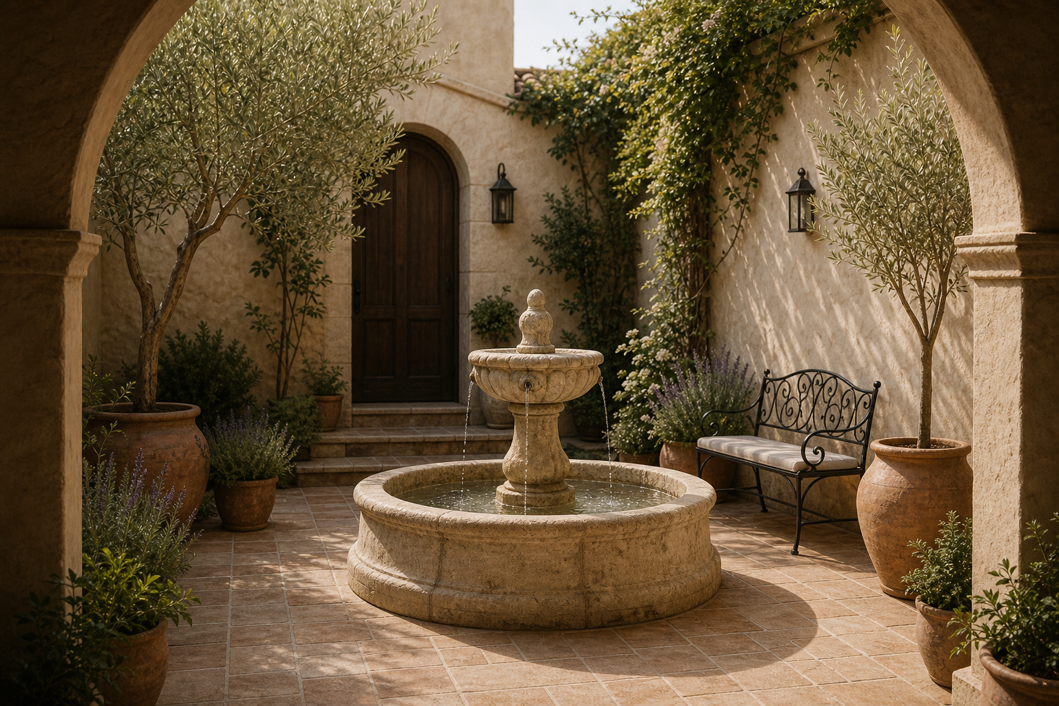 Mediterranean Courtyard Central Fountain featuring a low round fountain centered within an arched courtyard