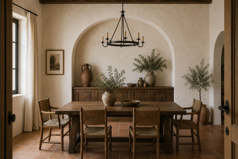 Mediterranean Dining Room Arched Niche featuring a broad plaster arched niche framing the dining sideboard