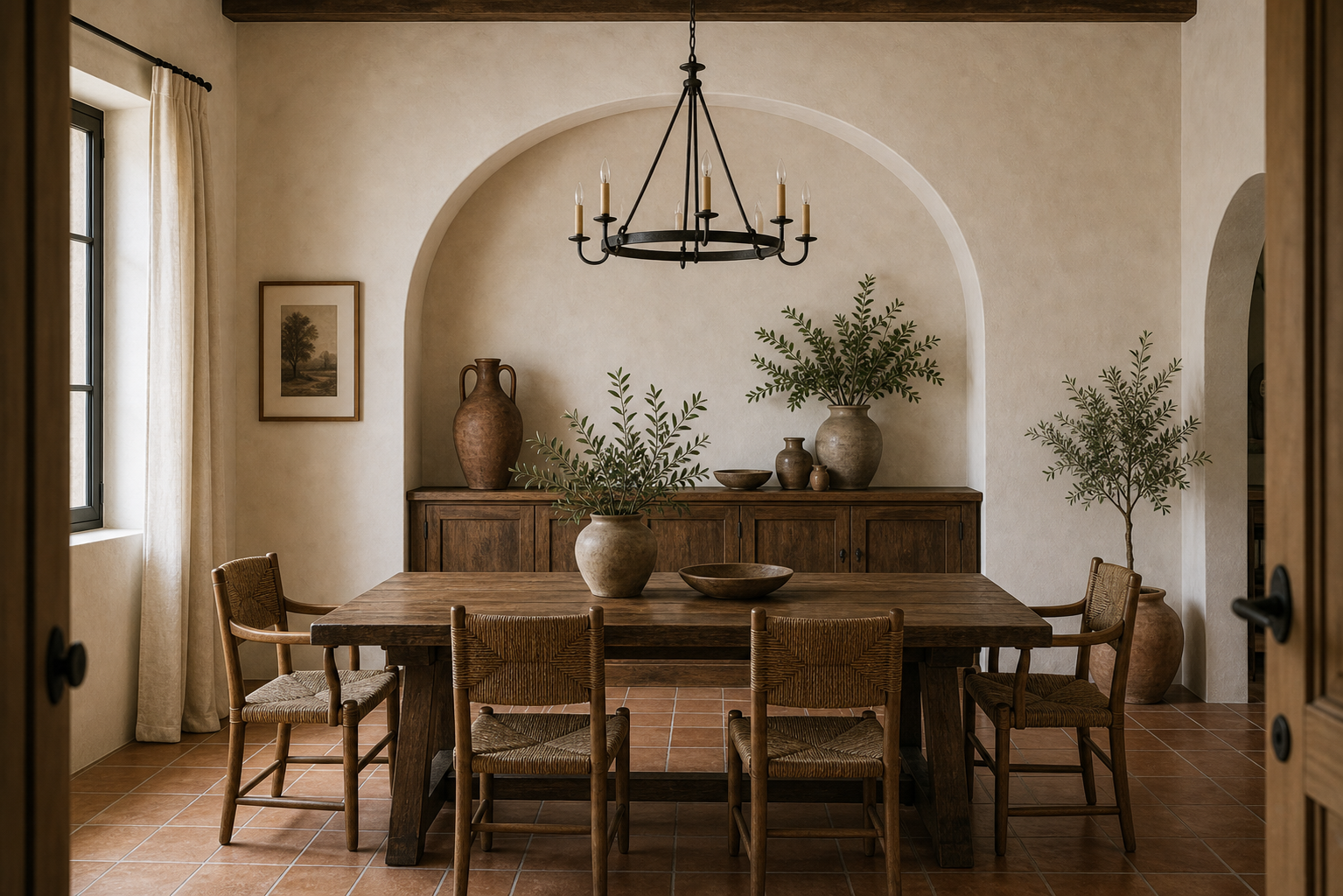 Mediterranean Dining Room Arched Niche featuring a broad plaster arched niche framing the dining sideboard