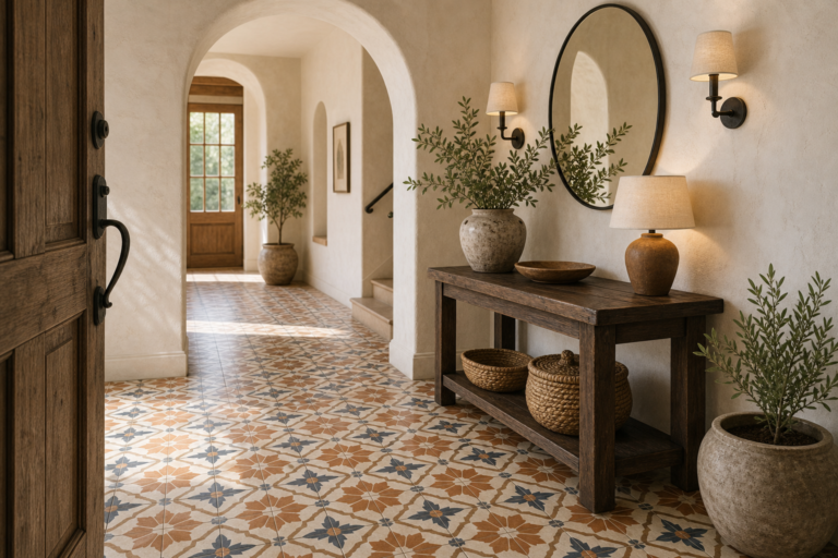 Mediterranean entryway with continuous terracotta, cream, and muted-blue geometric tile floor, broad plaster arches, dark timber doors, narrow console, round mirror, paired sconces, baskets, and potted branches