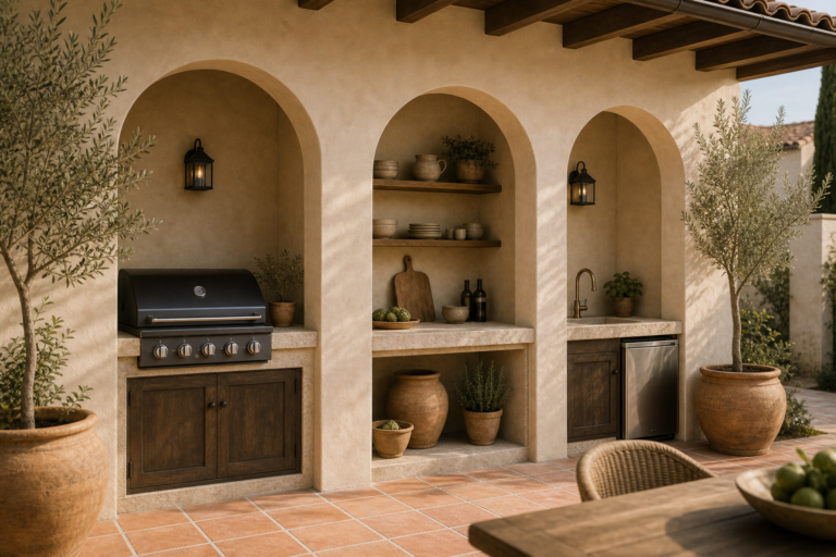 Mediterranean Outdoor Kitchen Triple Arch featuring three plaster arches separating grill, shelf, and sink bays