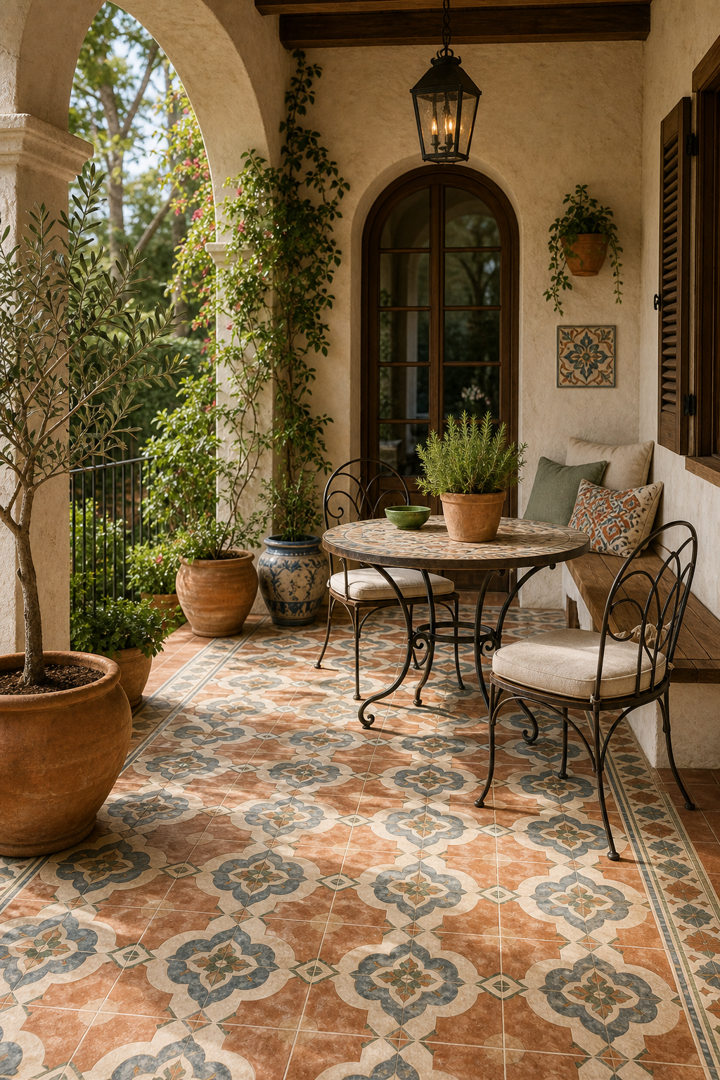 Mediterranean covered patio with a bordered terracotta, muted blue, and cream patterned tile floor, stucco arches, iron seating, timber doors, and potted plants