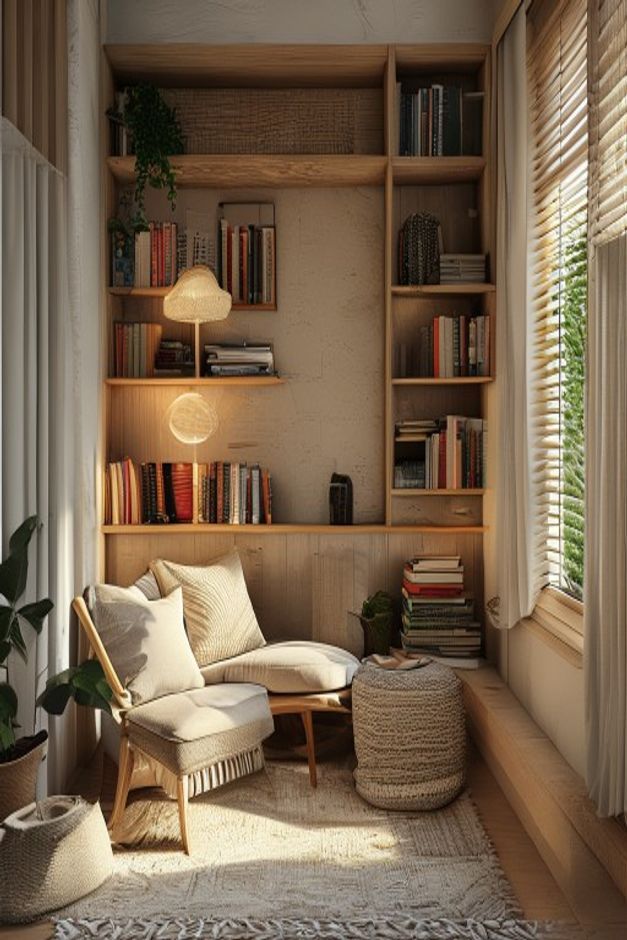 Mediterranean reading nook with the built-in bookcase surrounding the lounge chair