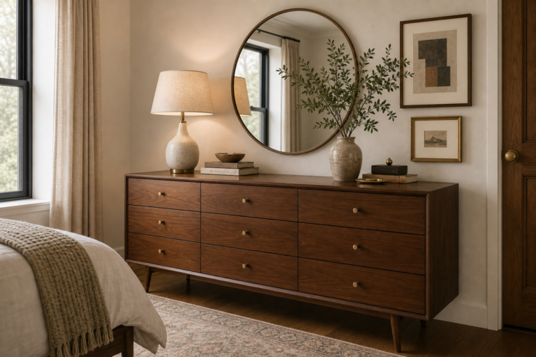Mid-century bedroom with a long nine-drawer timber dresser, tapered legs, round mirror, ceramic lamp, branch vessel, books, art, pale curtains, patterned rug, and dark floor