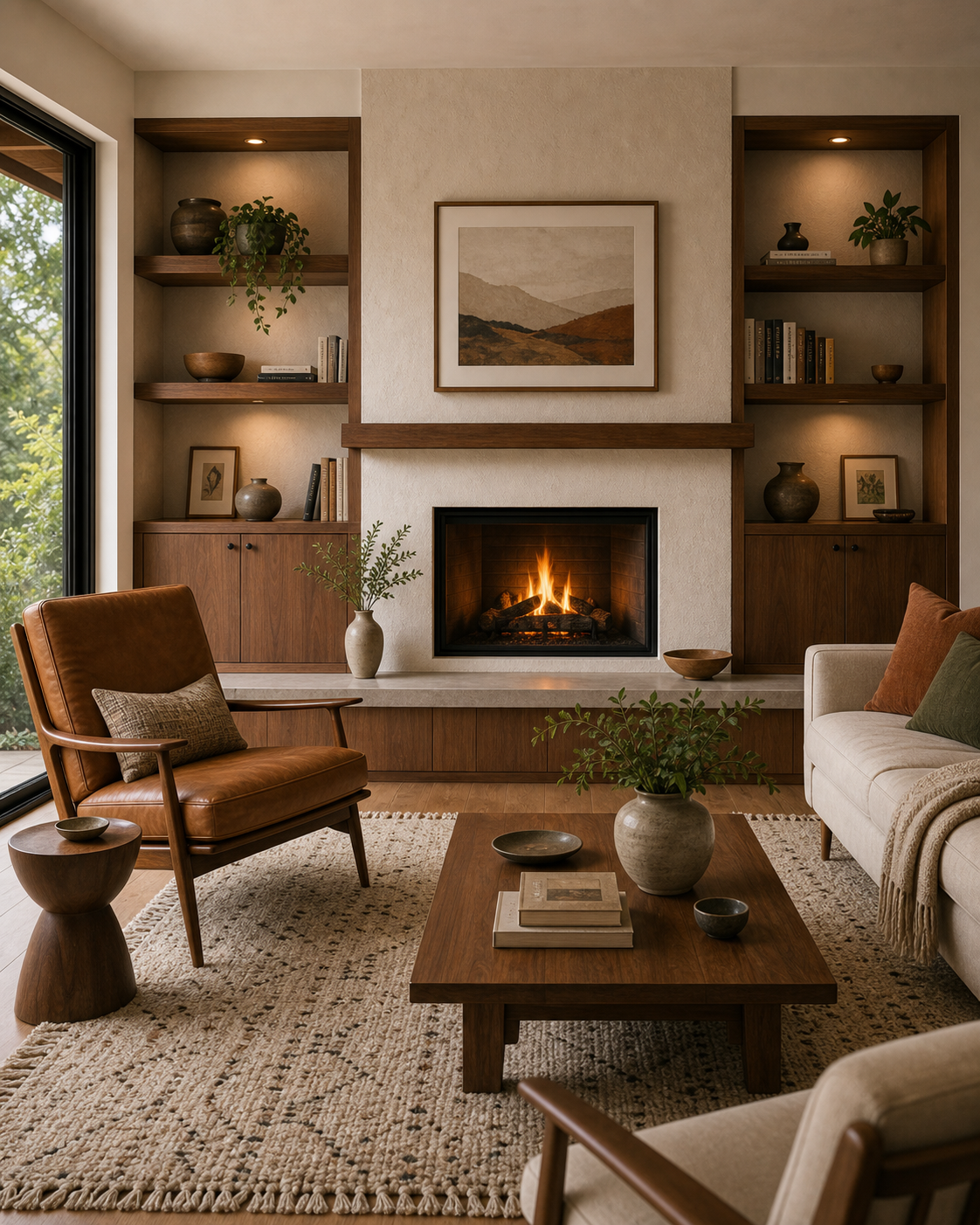 Mid-century living room with a centered fireplace, pale plaster surround, timber mantel, symmetrical illuminated built-ins, leather chair, pale sofa, coffee table, and woven rug