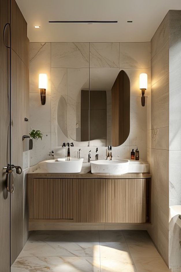 Modern Organic Bathroom with an Asymmetrical Mirror