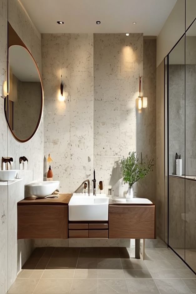 Mid-Century Modern Bathroom Shower Tile Wall Ideas - AI-generated interior design reference