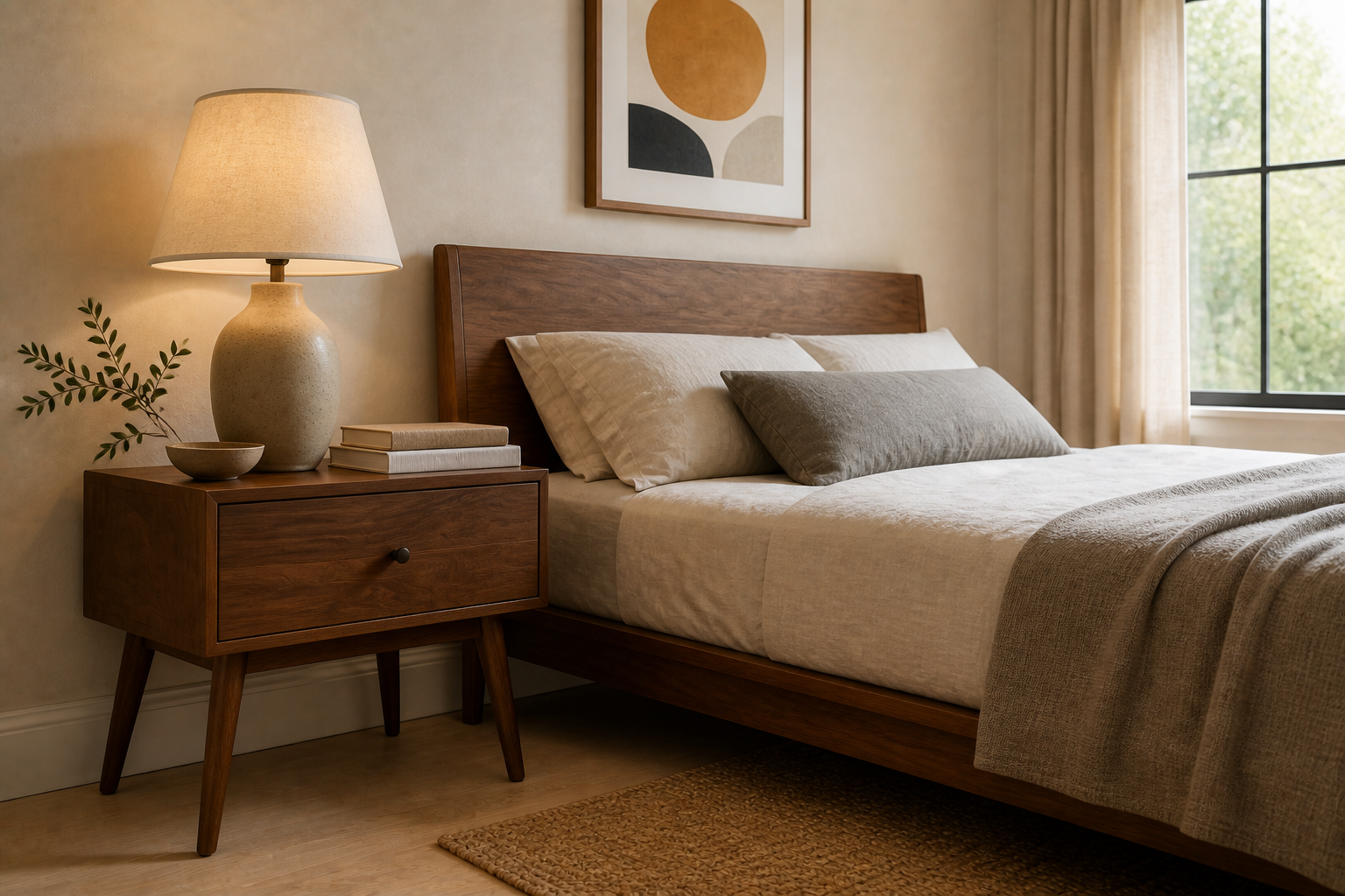Mid-Century Bedroom Dark Wood Nightstand featuring a dark timber-toned one-drawer nightstand on tapered legs