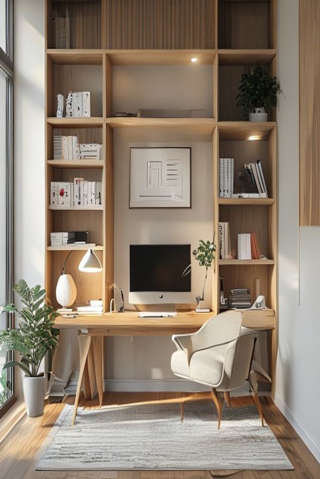 Light Oak Built-Ins for a Mid-Century Home Office