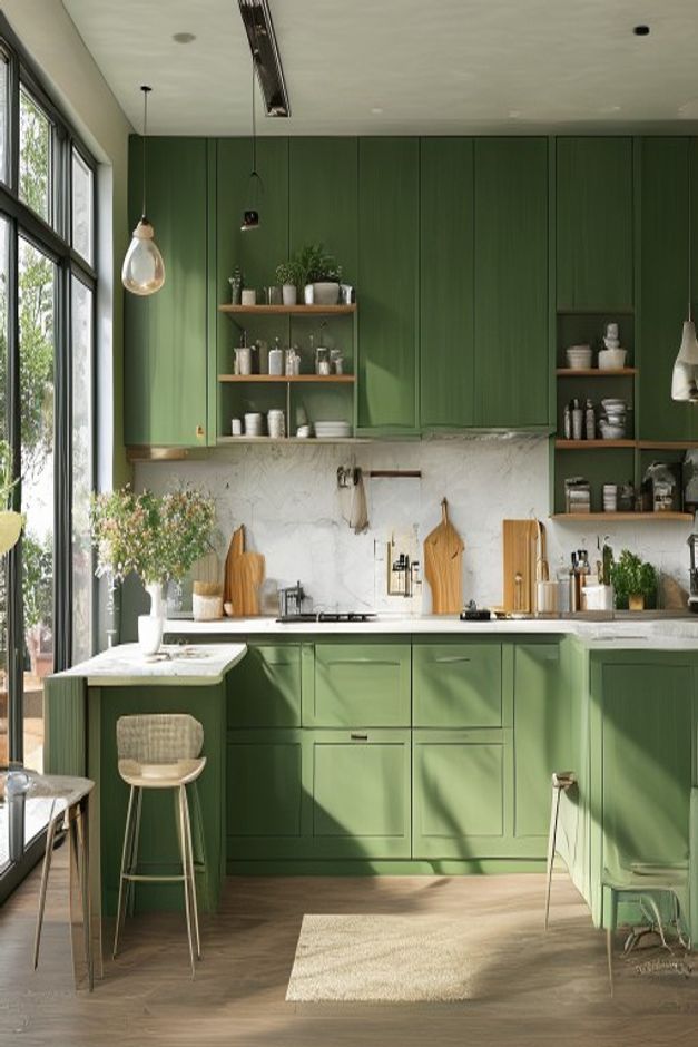 Deep Green Kitchen Cabinet and Open Shelf Ideas