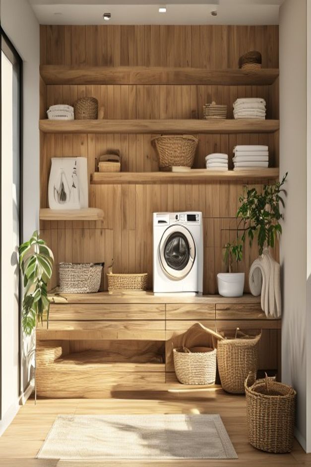 Mid-century modern laundry room with a full wood-paneled wall, long open shelves, low drawers, woven baskets, and side daylight
