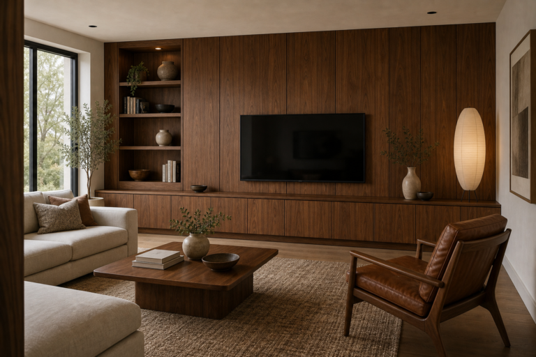 Mid-Century Modern Living Room Built-In Media Wall featuring a full-width timber-toned built-in wall integrating the television