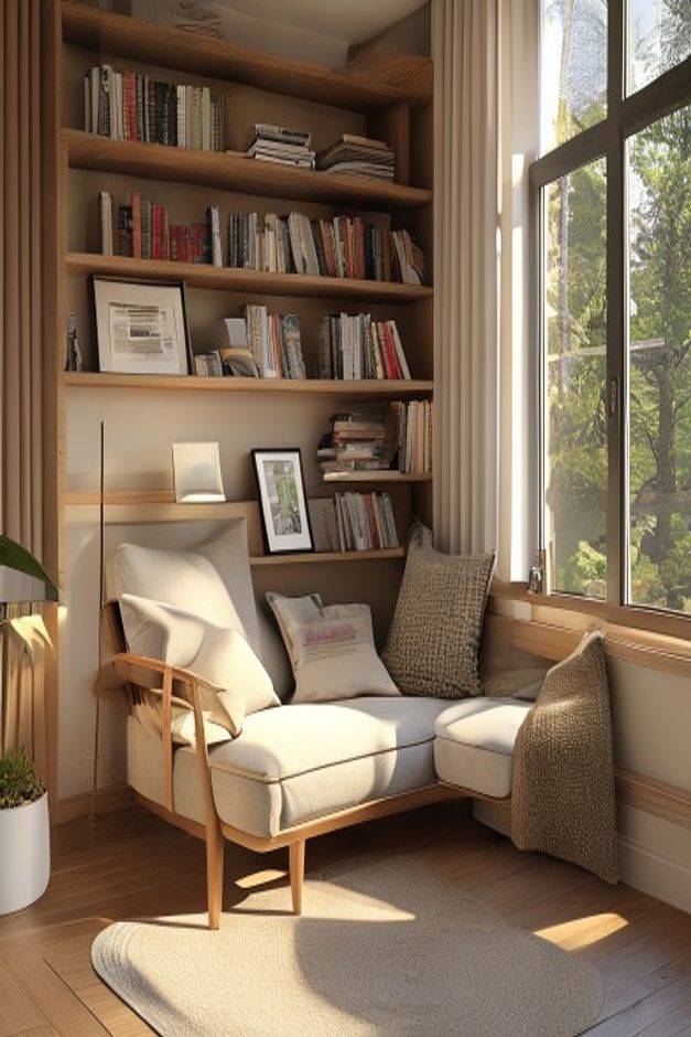 Mid-century modern reading nook with a low framed lounge chair, full bookshelves, tall window, slim light, round rug, curtains, and plants
