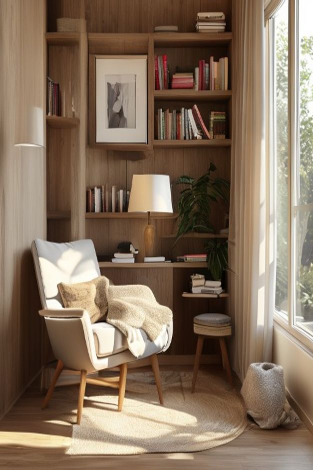 Mid-century modern reading nook with continuous wood-toned paneling, built-in shelves, pale lounge chair, round rug, large window, lamp, stool, and plant