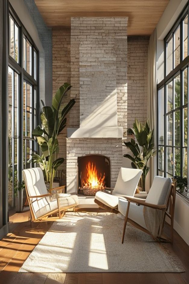 Mid-Century Sunroom with a Brick Fireplace