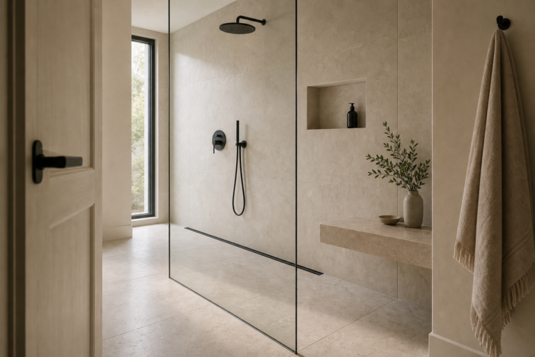 Minimalist Bathroom Full-Width Linear Drain featuring a wall-to-wall linear drain at the rear of a curbless shower