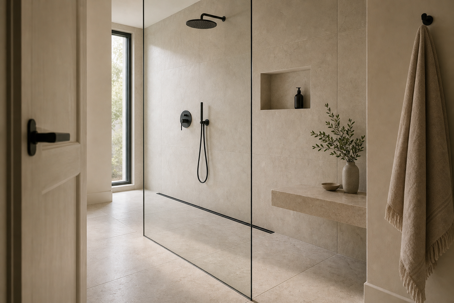 Minimalist Bathroom Full-Width Linear Drain featuring a wall-to-wall linear drain at the rear of a curbless shower