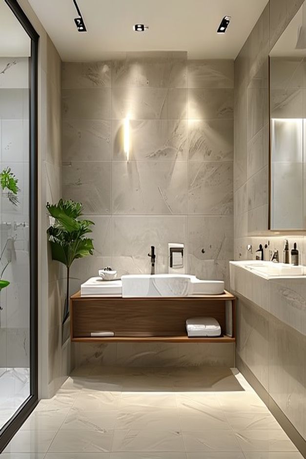 Minimalist Bathroom Shower Tile Wall and Floating Vanity