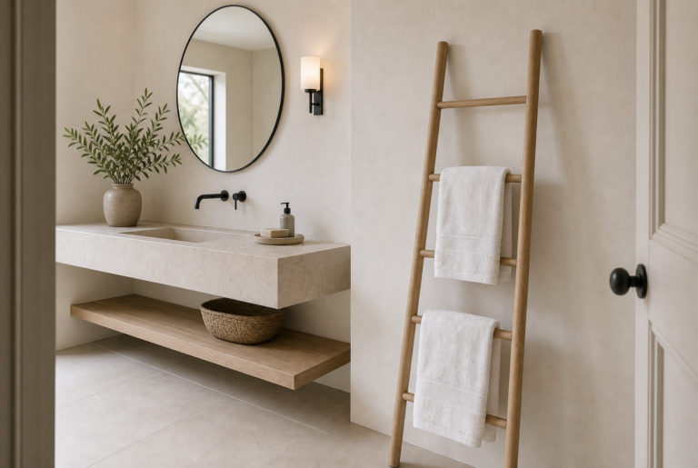 Minimalist bathroom with a timber towel ladder, two white towels, floating basin counter, open wood-toned shelf, woven basket, round mirror, dark fittings, and branches