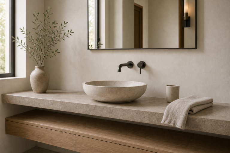 Minimalist Bathroom Black Wall Faucet featuring a black wall-mounted faucet aligned over a pale vessel basin
