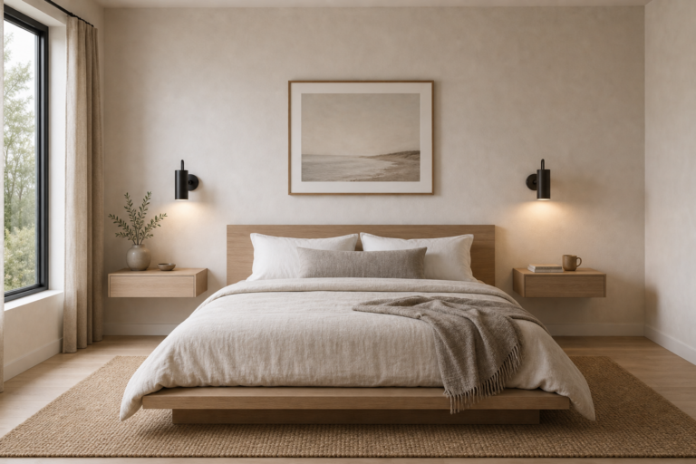 Minimalist Bedroom Floating Nightstand featuring paired floating nightstands aligned with a low platform bed