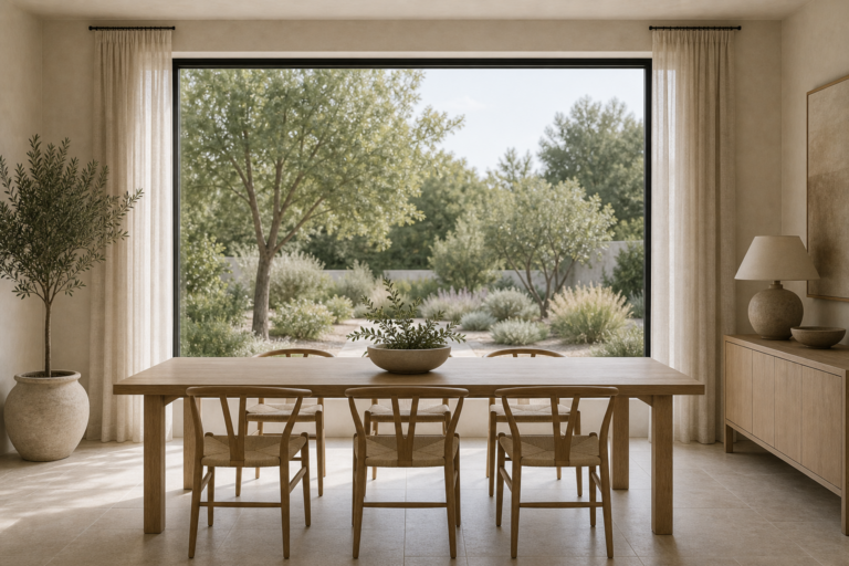 Minimalist Dining Room Garden Picture Window featuring an oversized dark-framed picture window behind the dining table