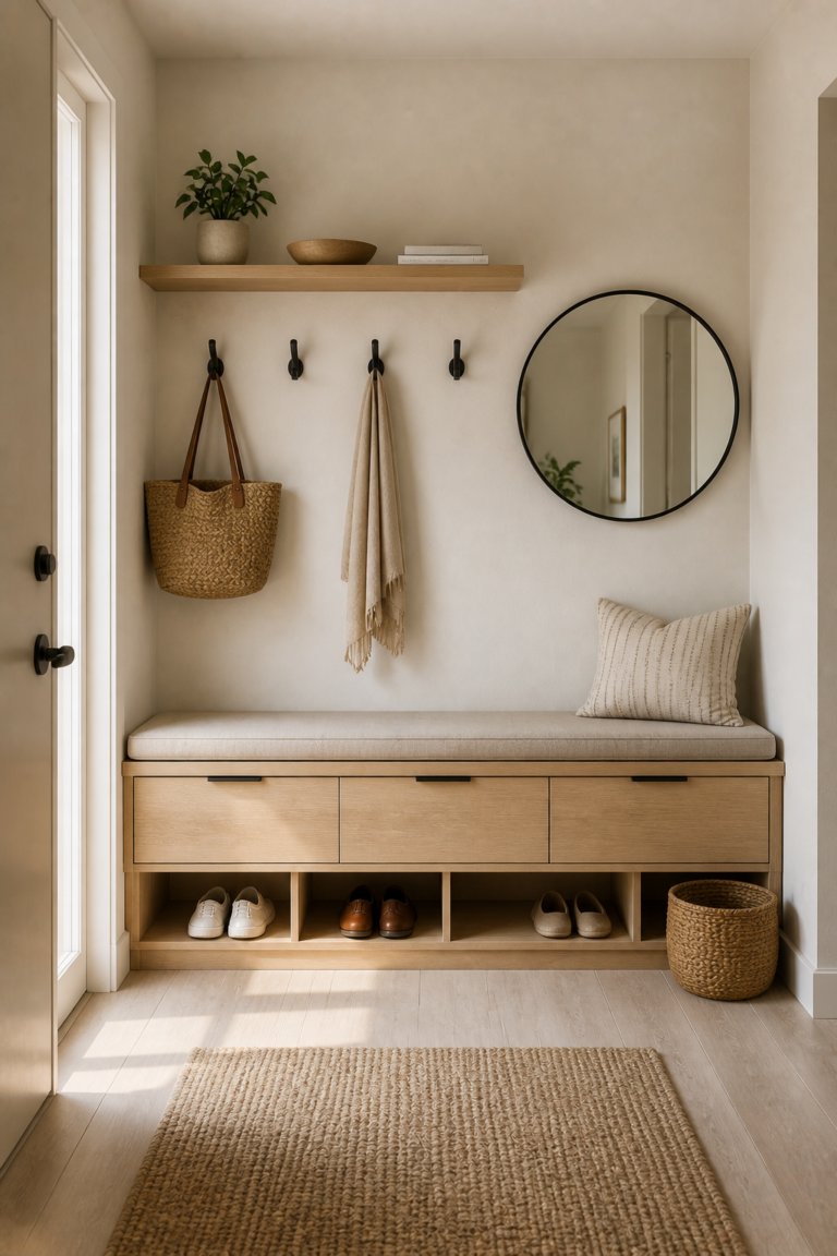 Minimalist entryway with a fitted wood-toned bench, pale cushion, broad drawers, open shoe cubbies, black wall hooks, floating shelf, and round mirror